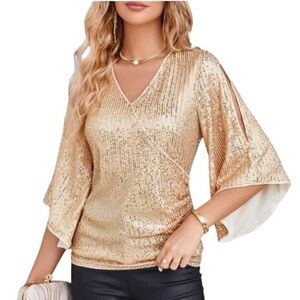GRACE KARIN Champagne Gold Shimmering Sequin 3/4 Bell Slit Sleeve V-Neck Top | M